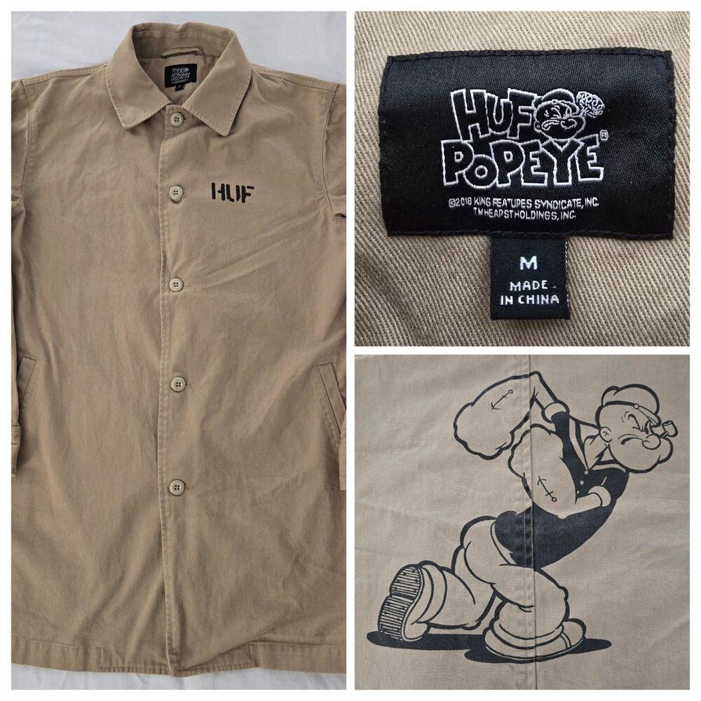 Huf x Popeye Trench Jacket Mens M Fits Large Button Up Long Sleeve Skate Pockets